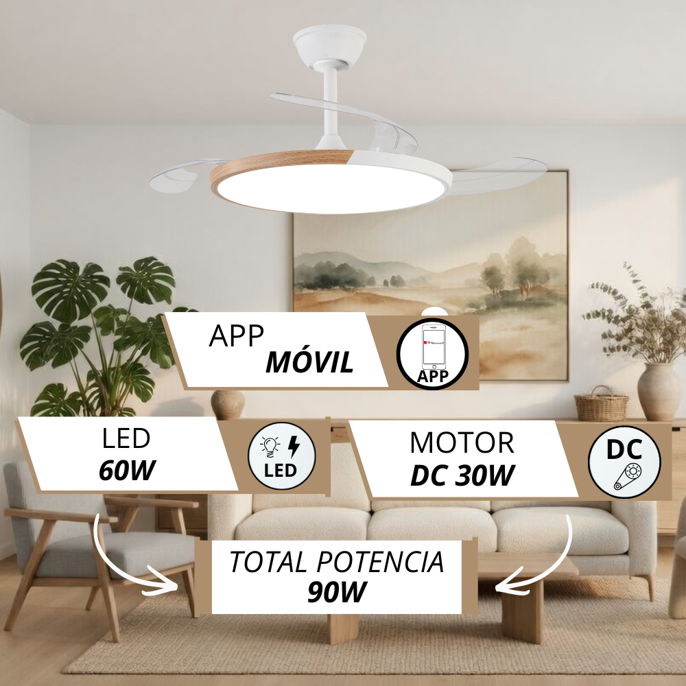 Ventilador de techo con luz LED, 60W LED, motor DC 30W, 90W total.