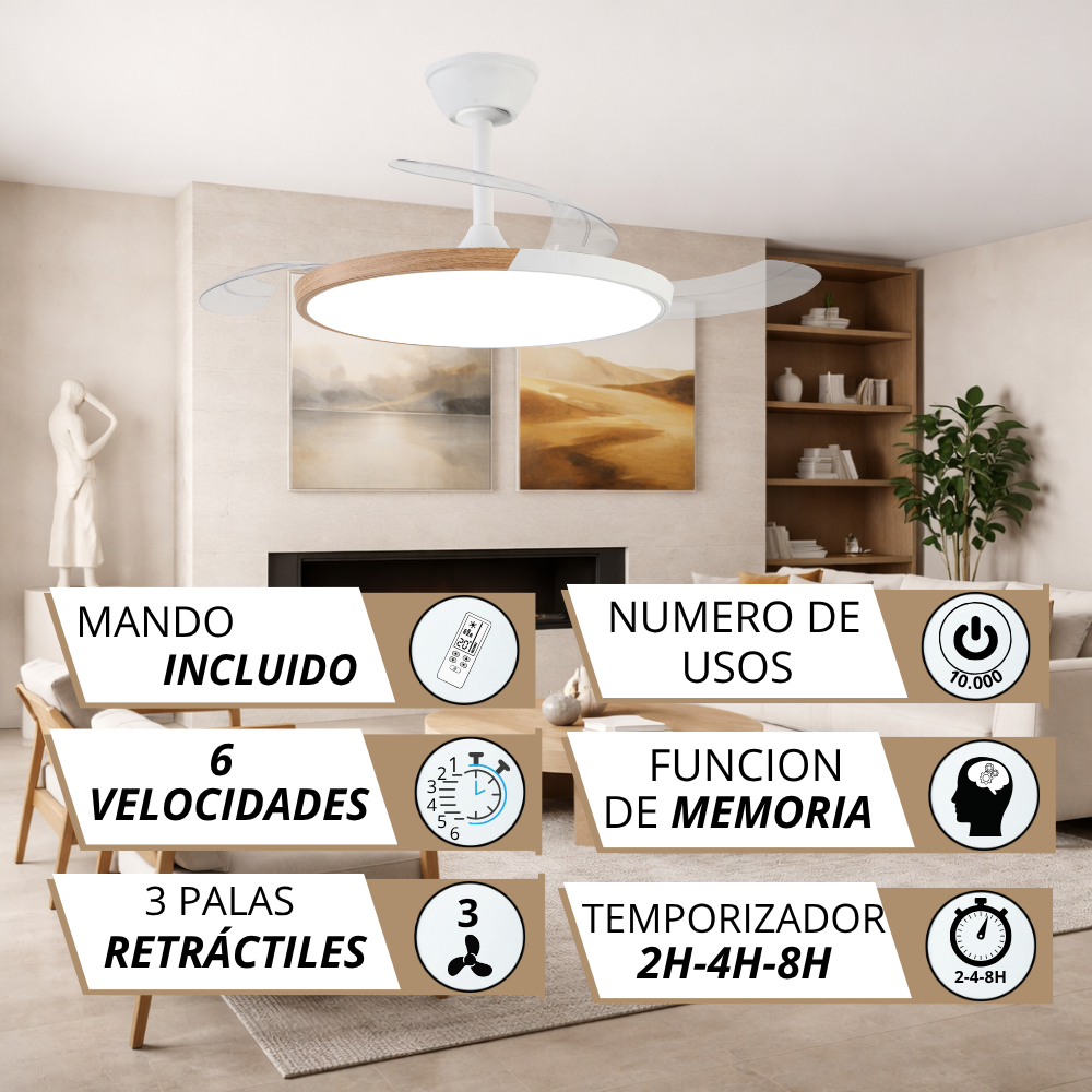 Ventilador de techo con luz, mando, 6 velocidades, 3 aspas retráctiles.