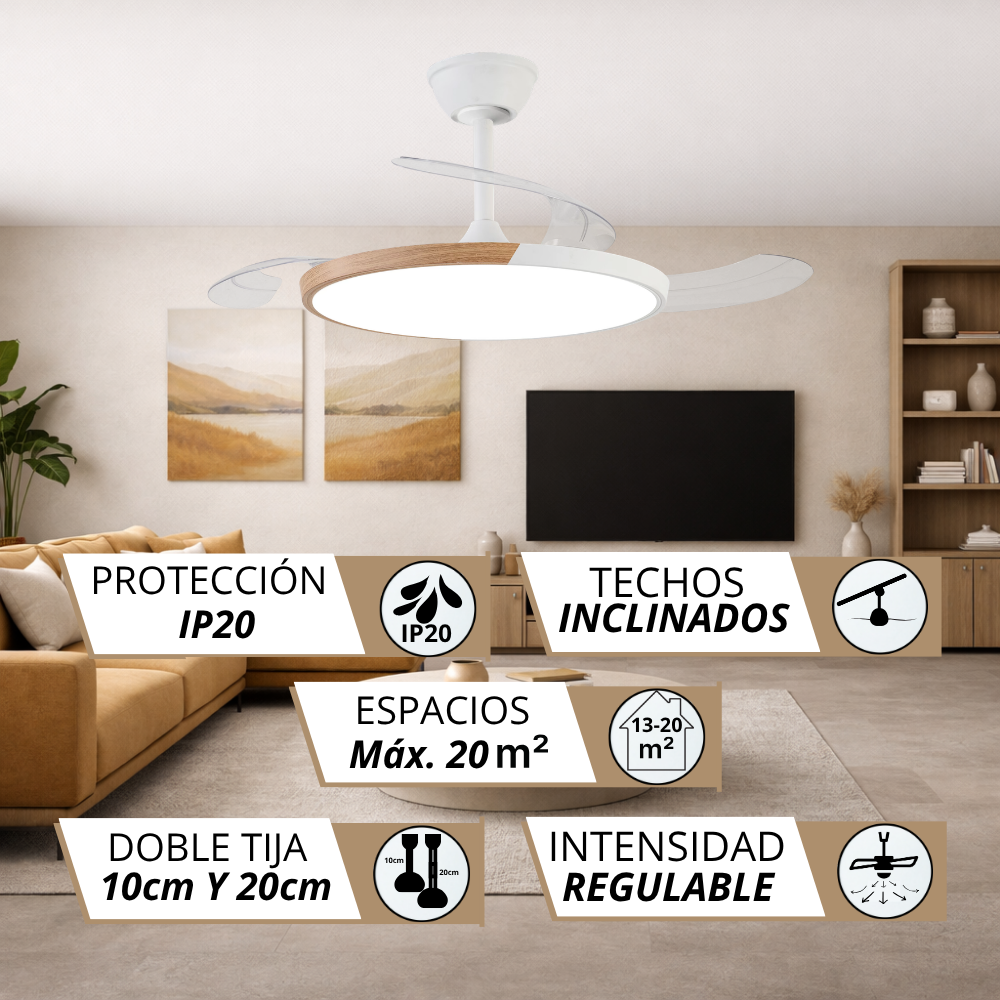Ventilador de techo moderno con luz en sala con sofá y TV.