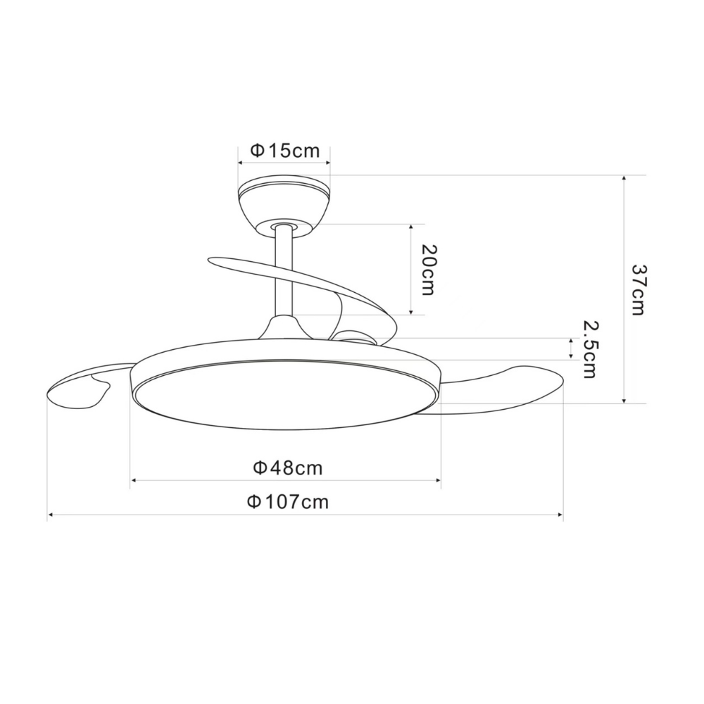 Dibujo técnico de un ventilador de techo con dimensiones.