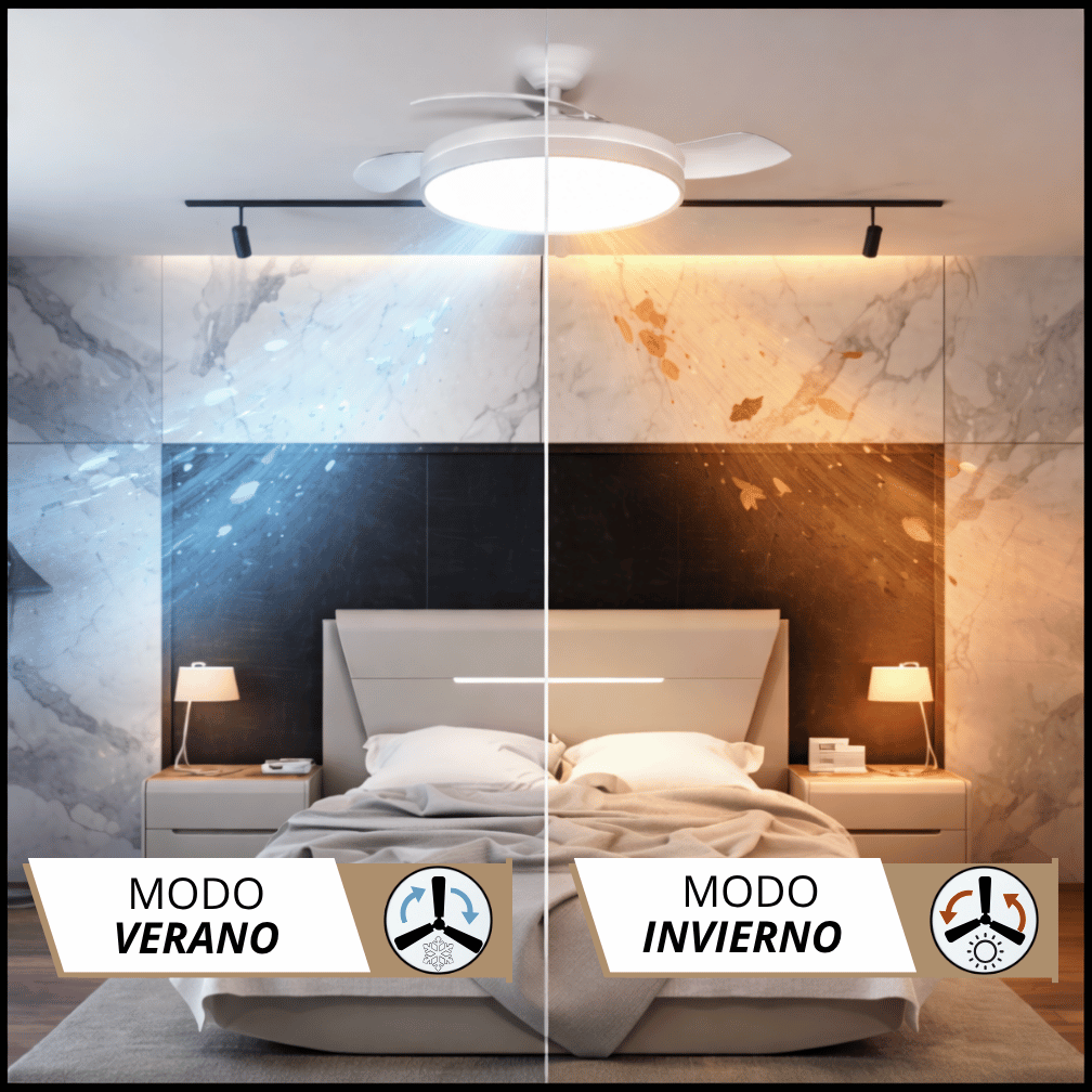 Un dormitorio con ventilador de techo, dividido en modo verano e invierno.
