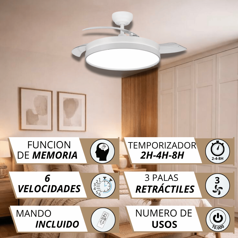 Lámpara de ventilador de techo blanca con aspas retráctiles y mando.