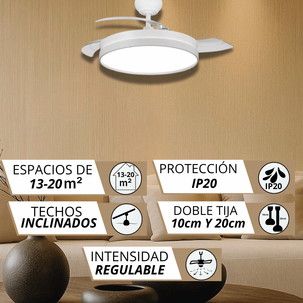 Lámpara ventilador de techo blanca para 13-20m², IP20, apta para techos inclinados.