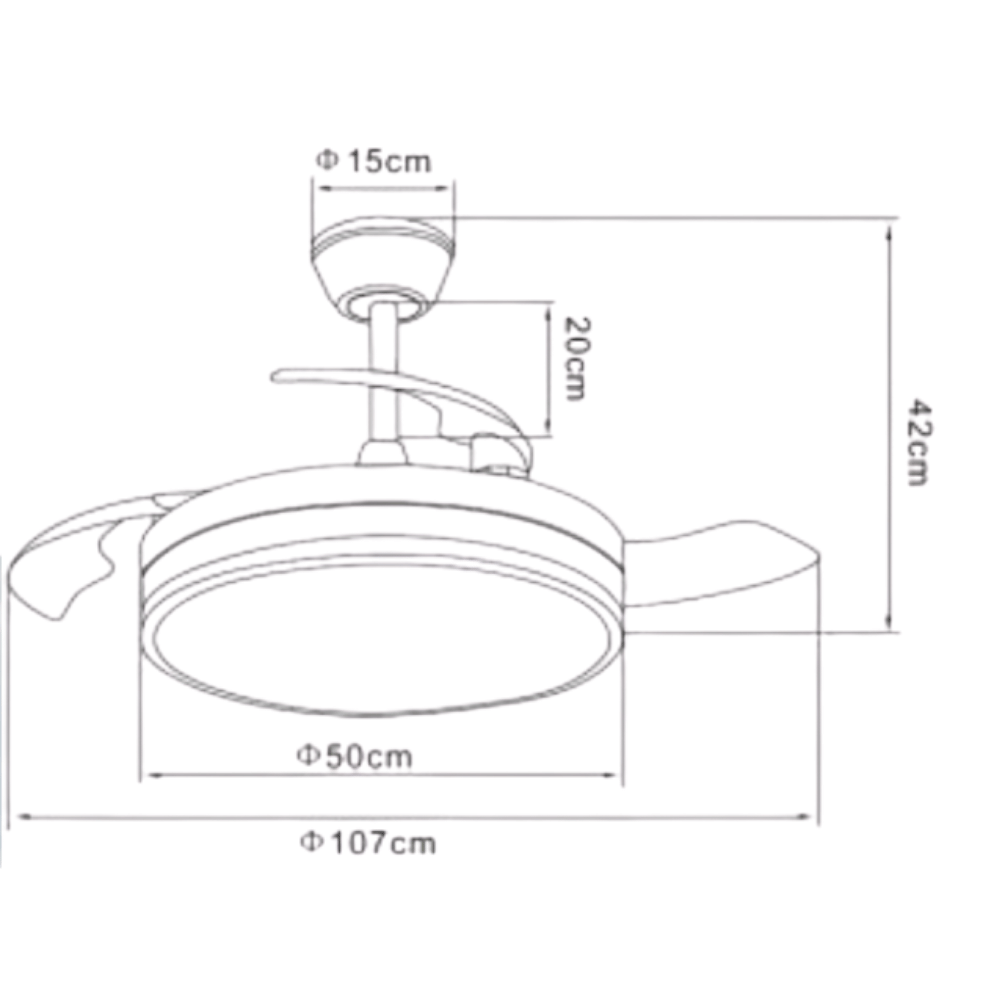 Dibujo técnico de un ventilador de techo con dimensiones de diámetro y altura.