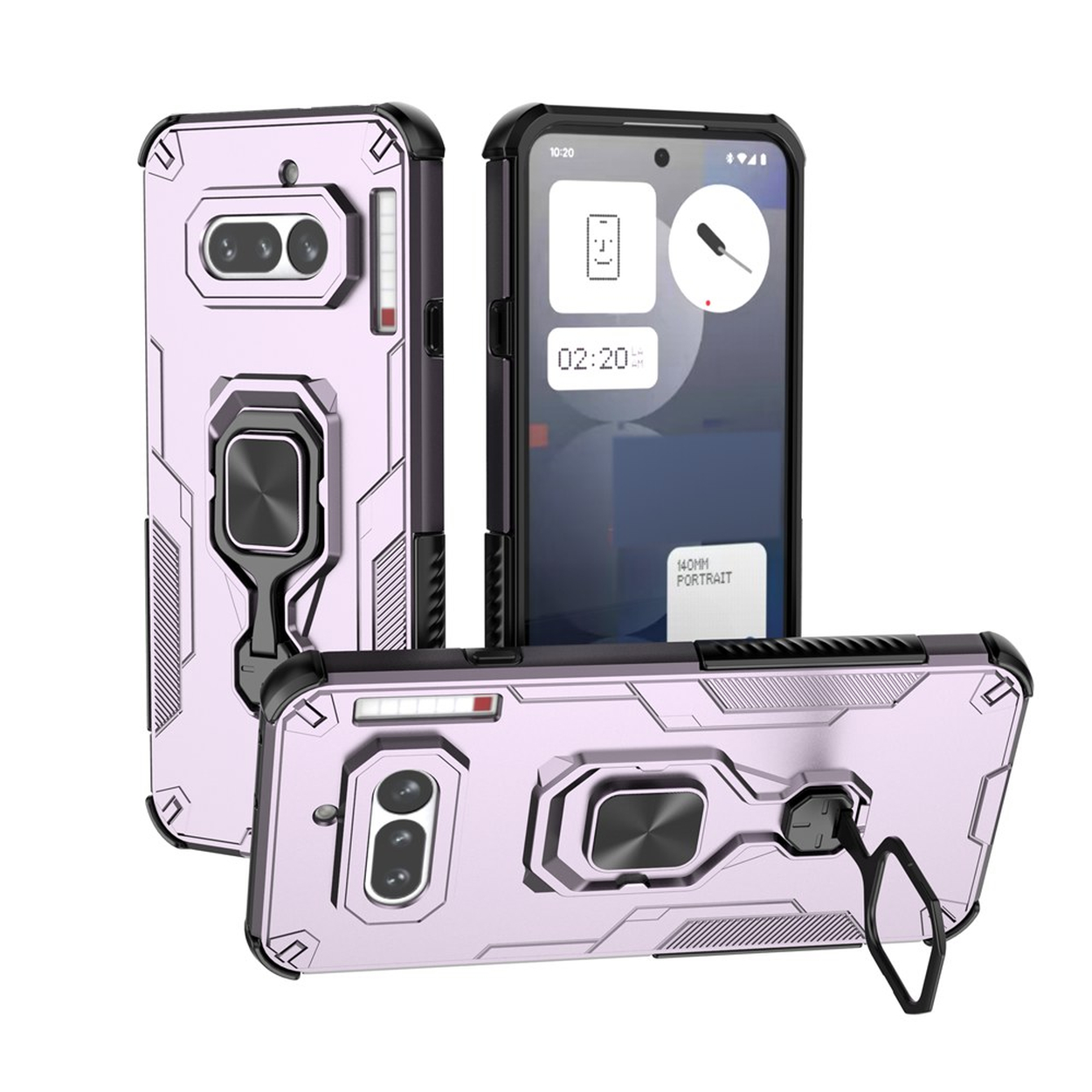 Coque de téléphone violette avec support anneau, triple vue.