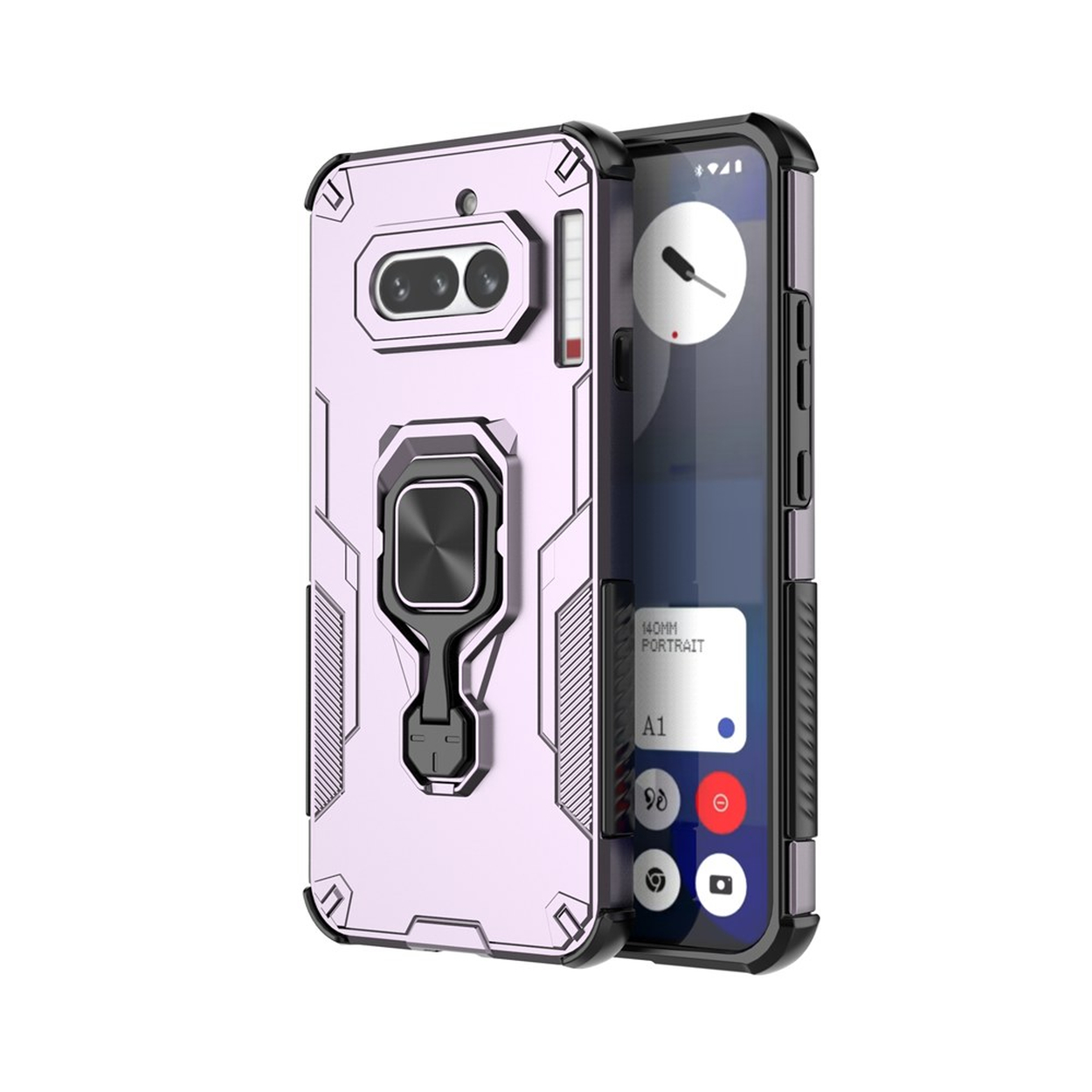 Une coque de téléphone violette avec un support anneau et un smartphone.