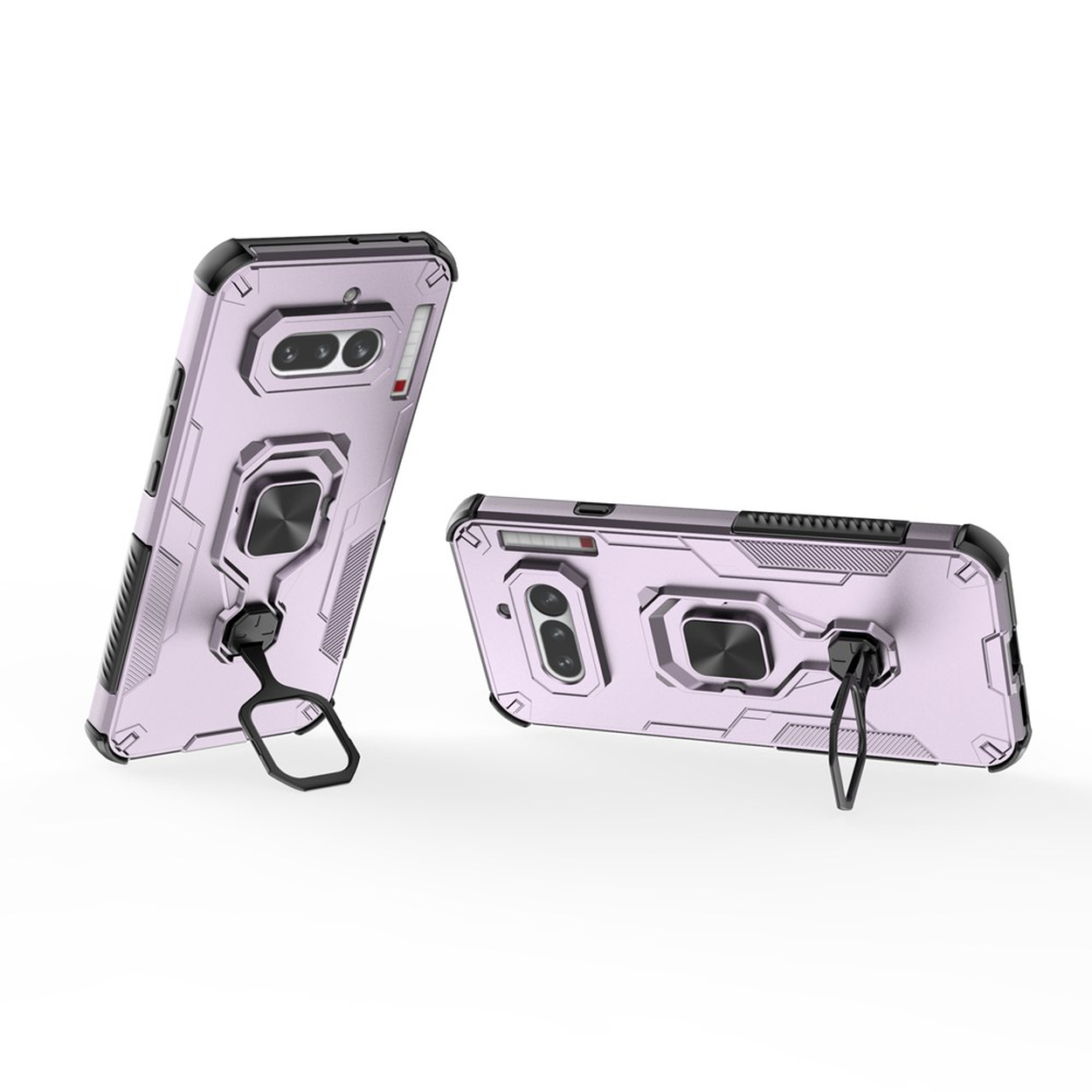 Deux coques de téléphone violettes avec supports bague et pied sur fond blanc.