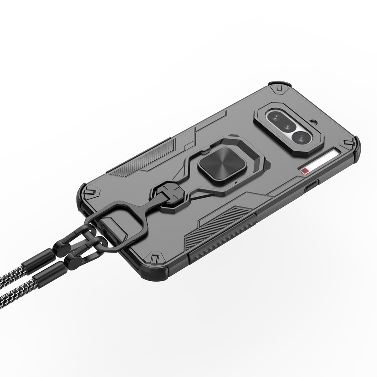 Coque de téléphone gris foncé avec support bague et lanière, sur fond blanc.