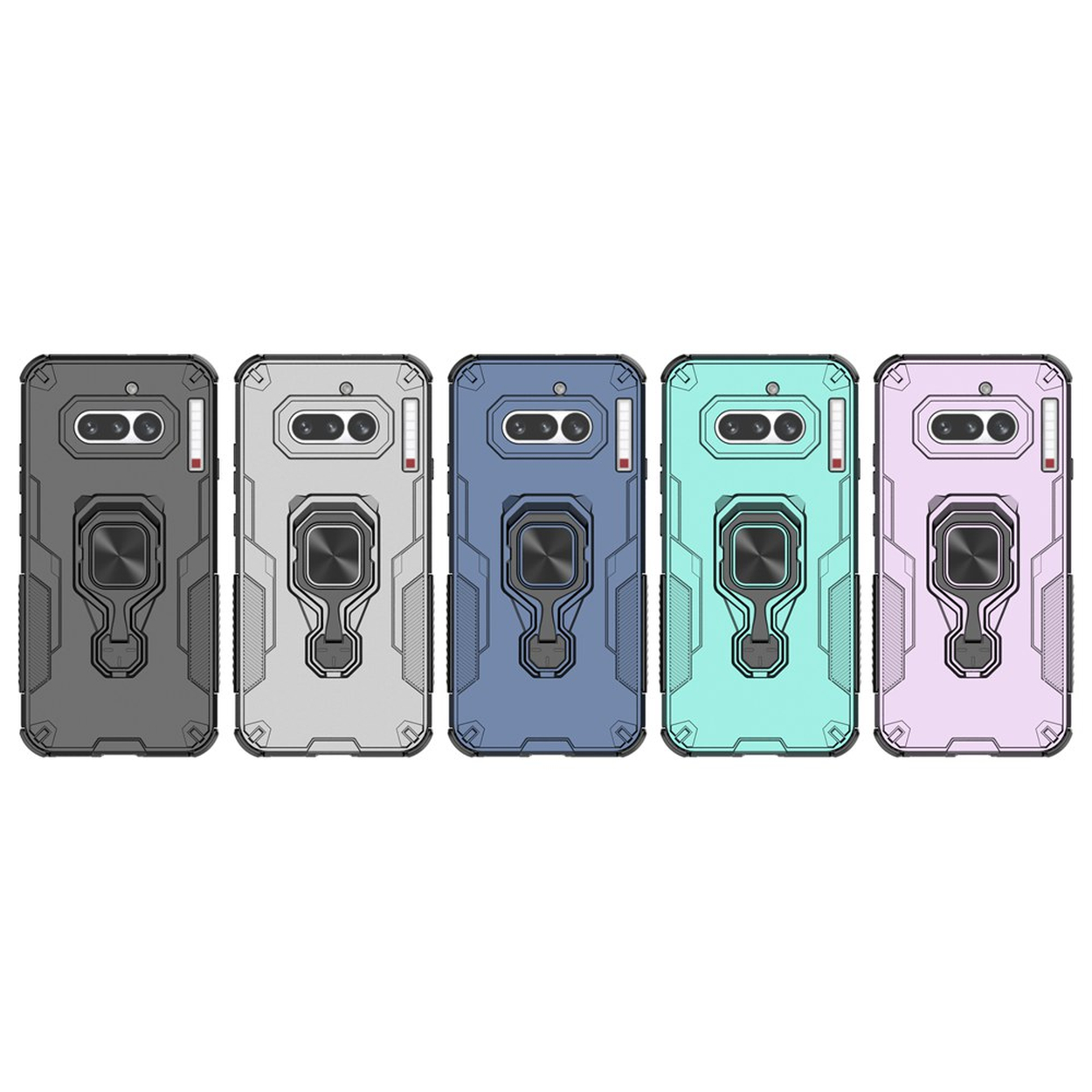 Cinq coques de téléphone grises, gris clair, bleues, menthe et violettes avec anneaux.