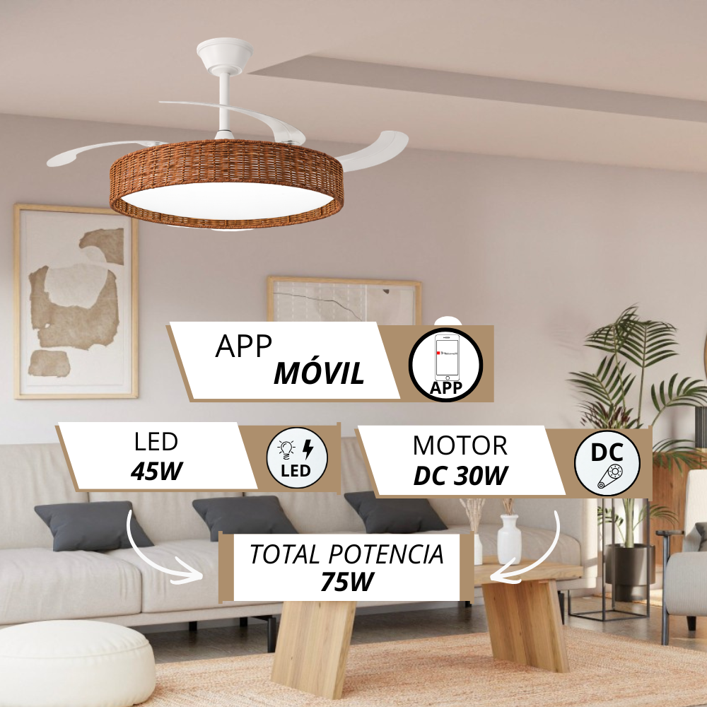 Ventilador de techo con luz y control por app, LED 45W, motor DC 30W.