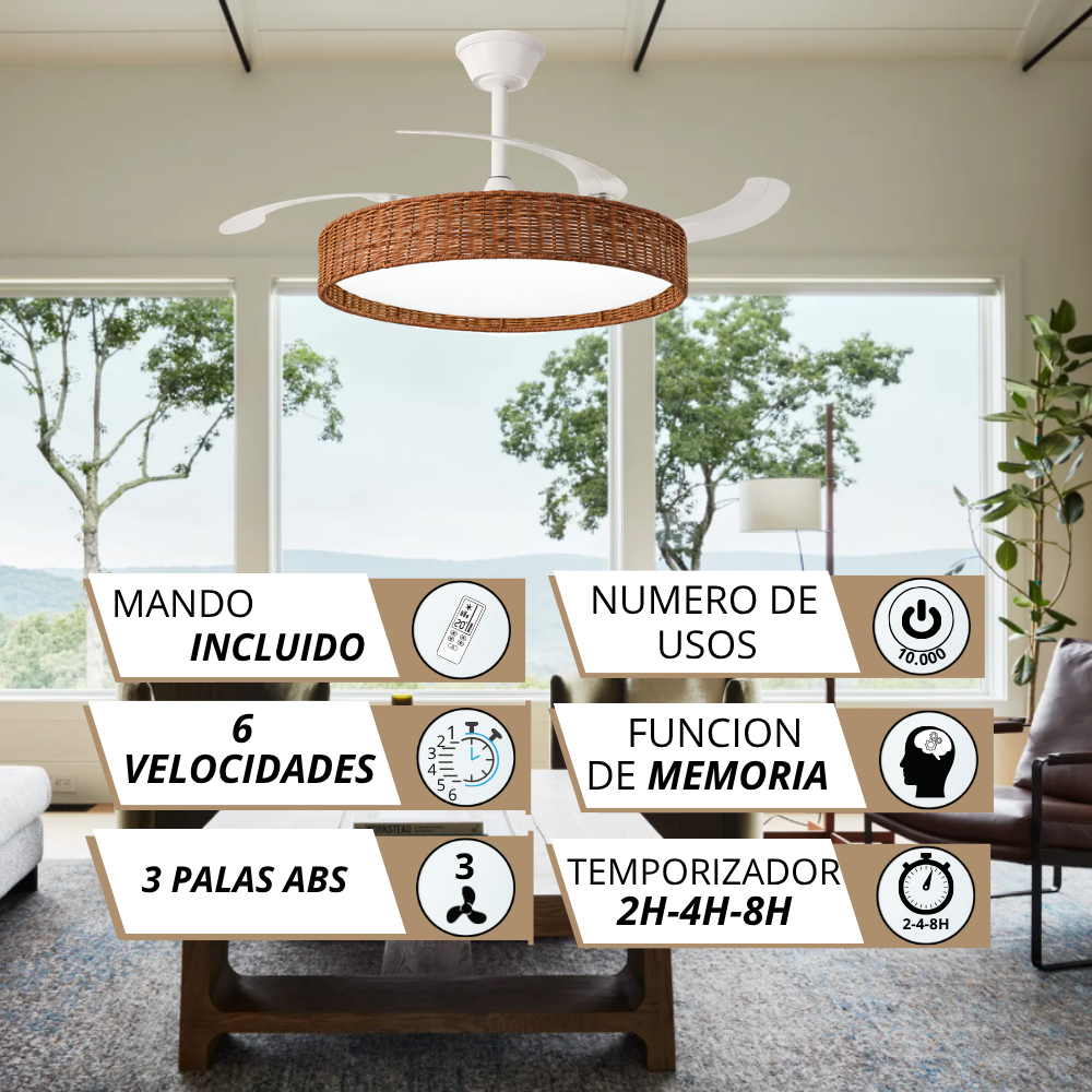 Ventilador de techo con detalle de cesta de mimbre, mando, 6 velocidades, 3 palas ABS.