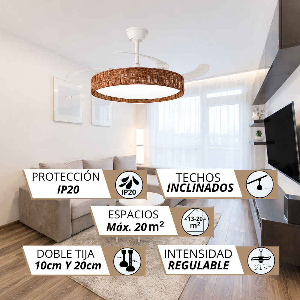 Ventilador de techo con lámpara de mimbre, IP20, para espacios de 20m², inclinación regulable.