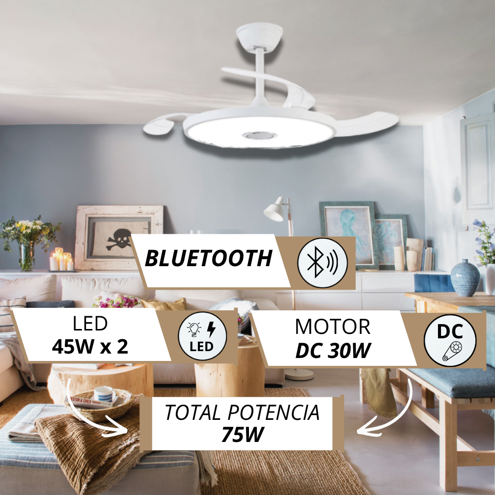 Un moderno ventilador de techo blanco con luz LED integrada y función Bluetooth.