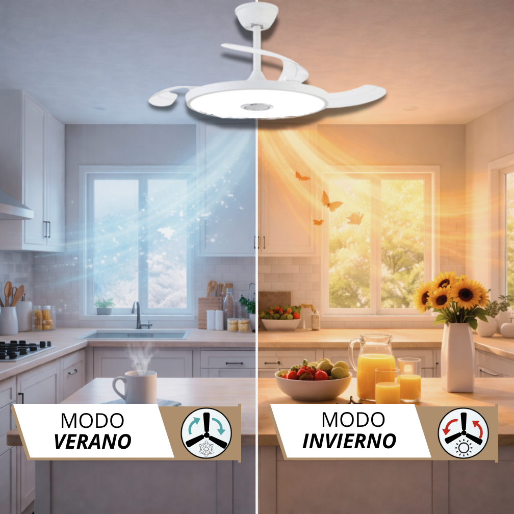Ventilador de techo con luz, mostrando modos verano e invierno en cocina.