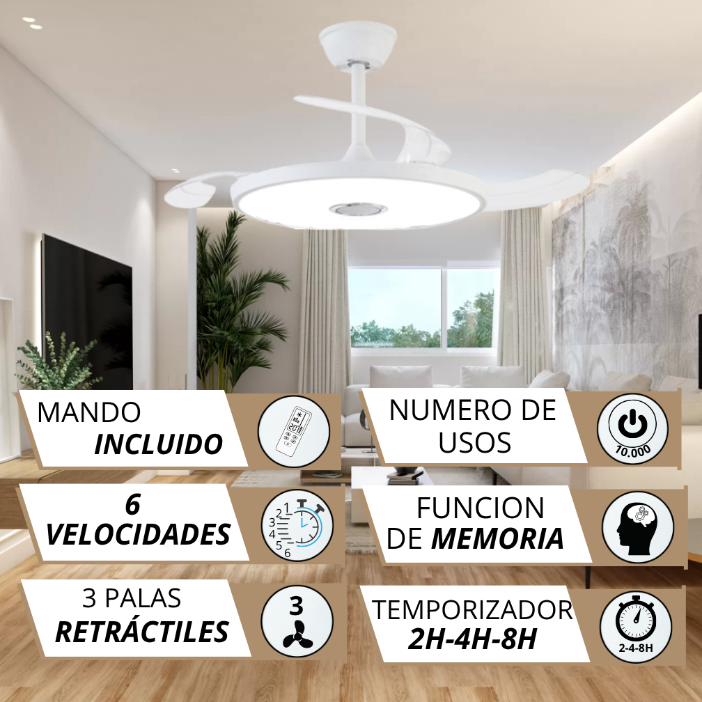 Ventilador de techo blanco moderno con luz y mando, 6 velocidades, 3 aspas retráctiles.