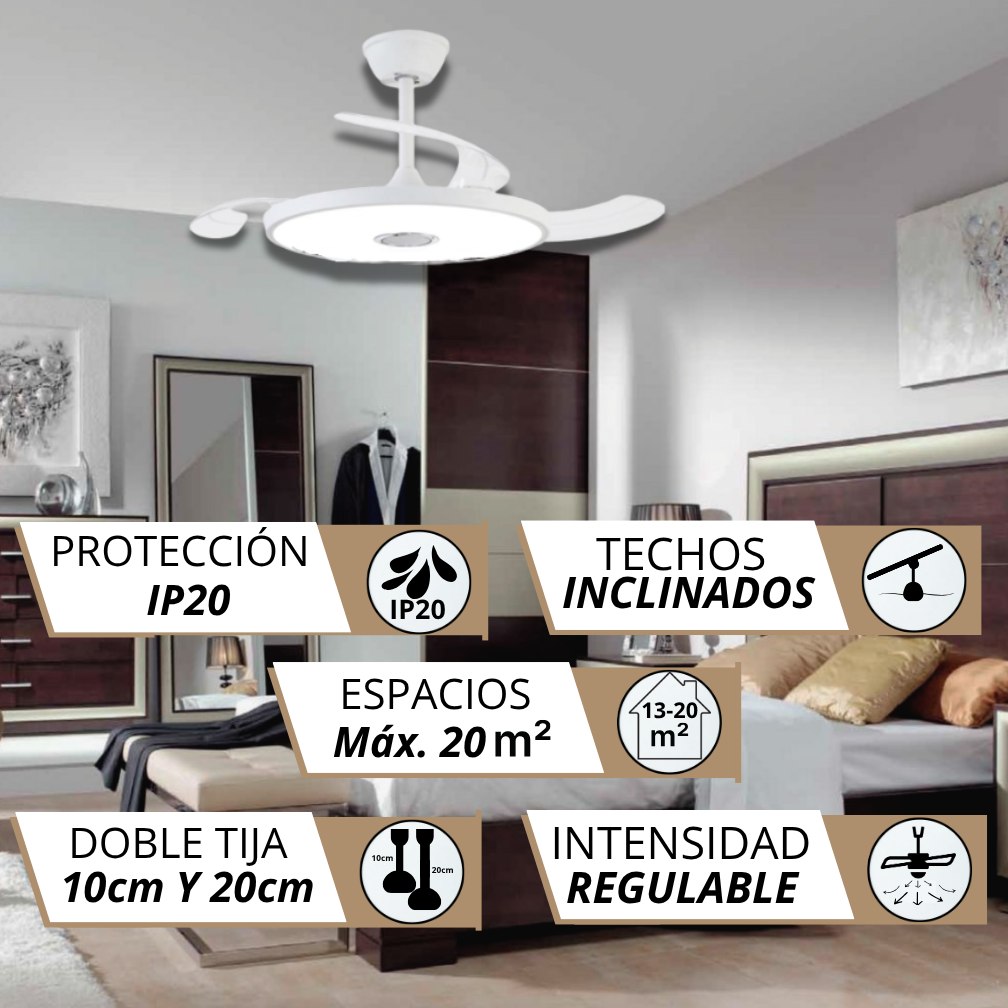 Moderno ventilador de techo blanco con luz sobre una cama, con cuadros de texto.
