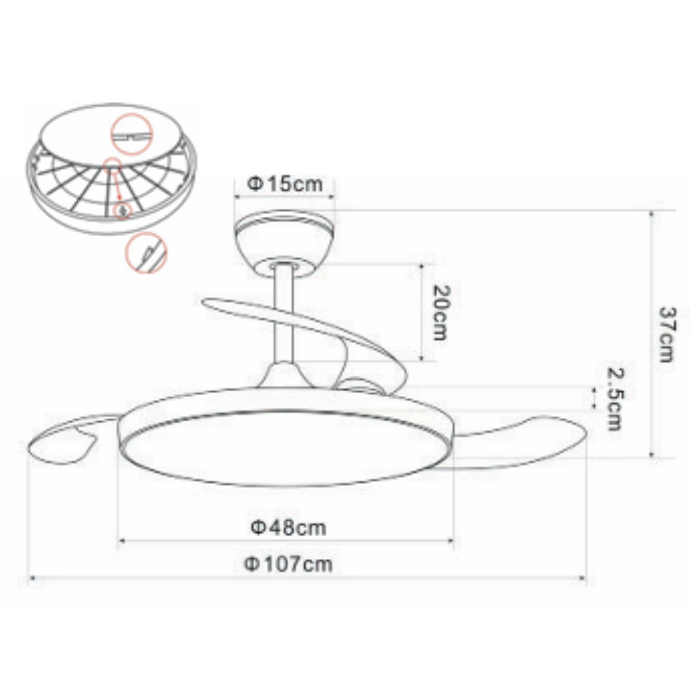 Dibujo técnico de un ventilador de techo con dimensiones. Diámetros 48cm, 107cm.