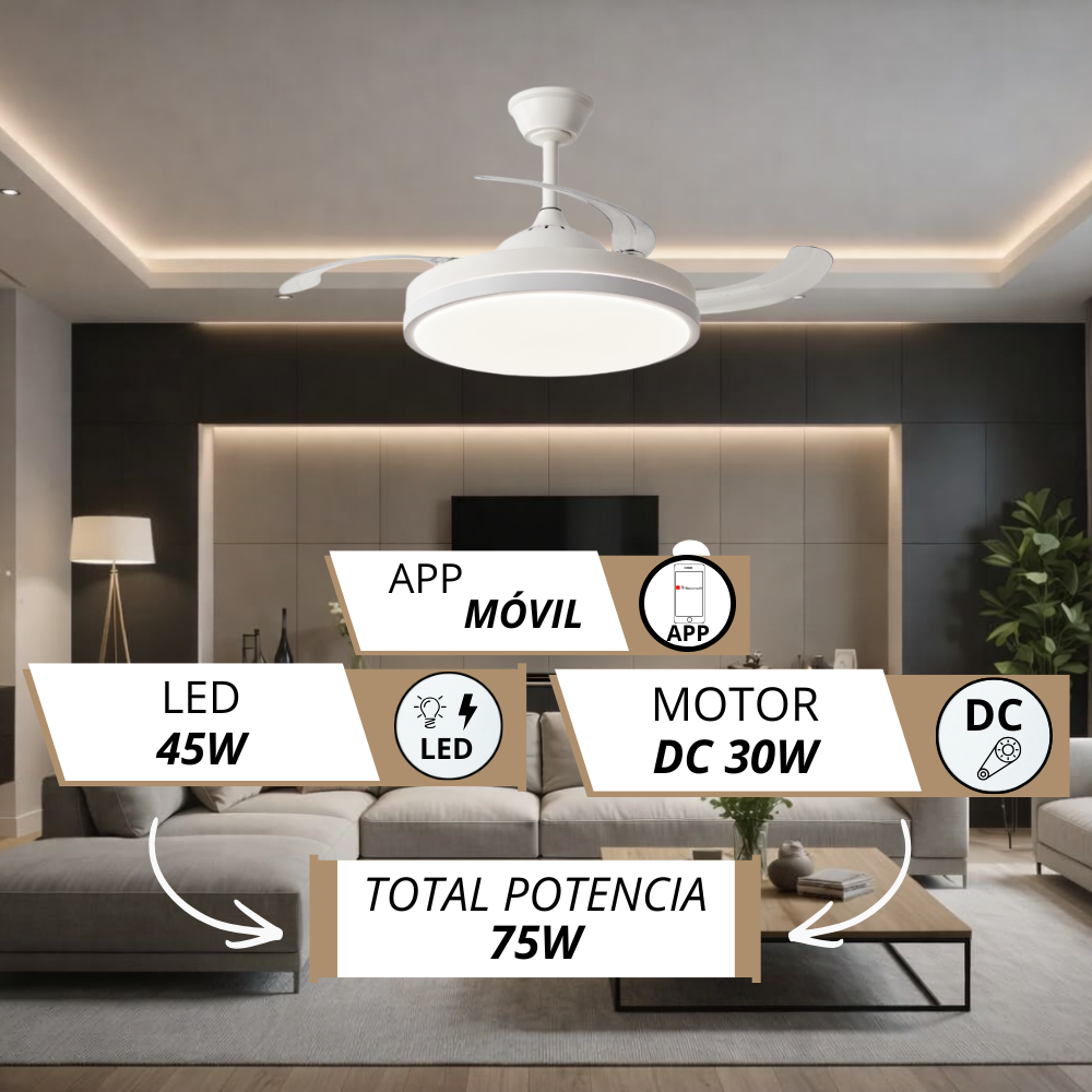 Ventilador de techo moderno con luz, LED 45W, motor DC 30W, control app, total 75W.