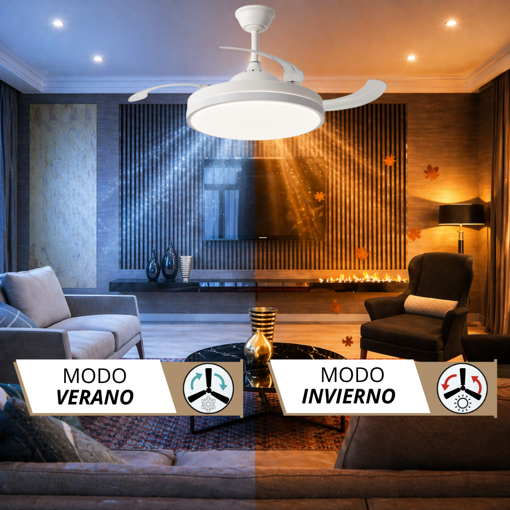 Sala de estar con ventilador de techo, modos verano/invierno, sofás y chimenea.