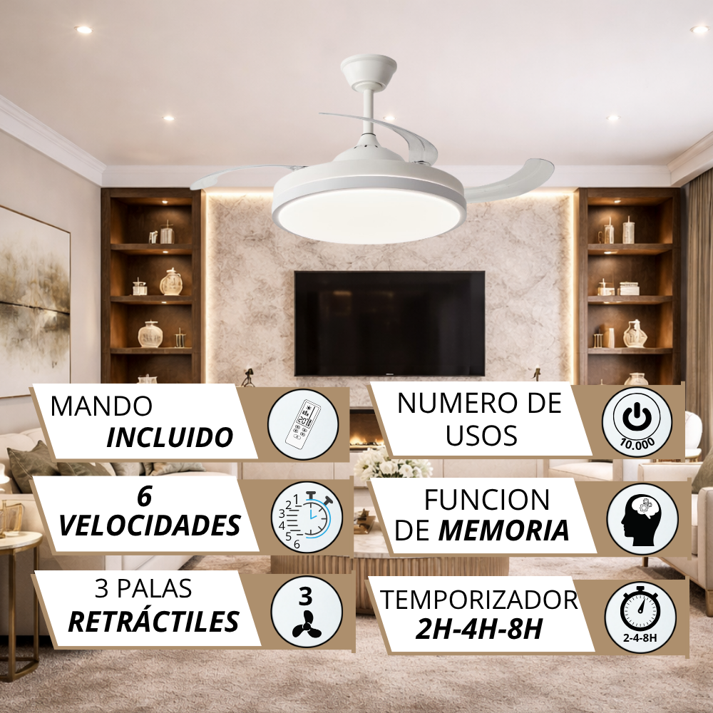 Ventilador de techo blanco moderno con luz en sala, con mando, 6 velocidades, 3 aspas retráctiles.