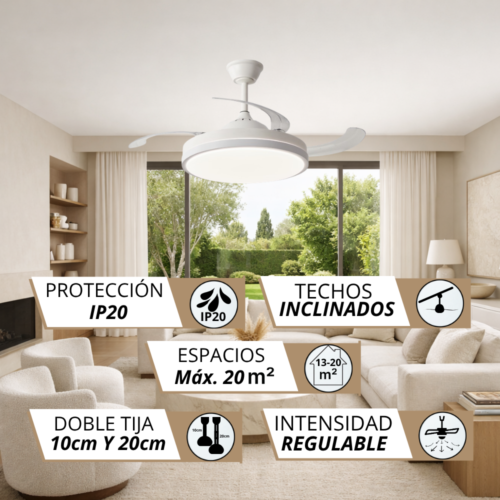 Moderno ventilador de techo blanco con luz en sala con sofás y ventanas.