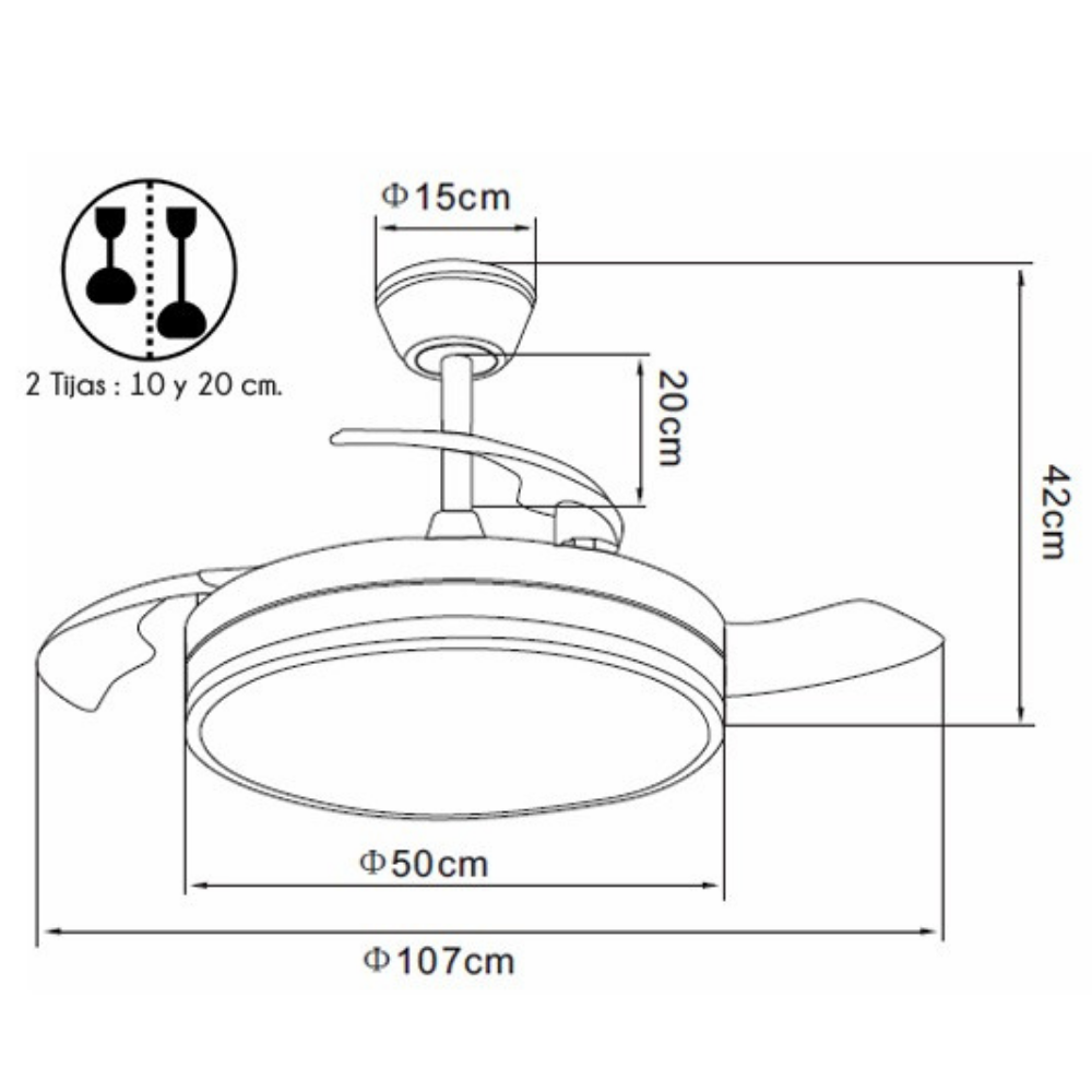 Dibujo técnico de un ventilador de techo con dimensiones: 15cm (diámetro superior), 20cm (altura), 50cm (diámetro inferior), 107cm (envergadura).