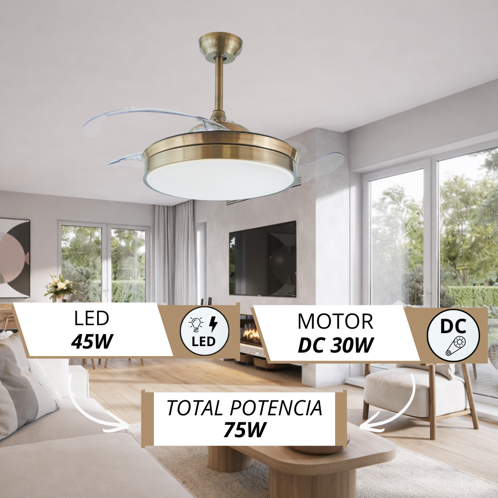 Ventilador de techo con luz LED en una sala de estar. Potencia: 45W LED, 30W motor DC.