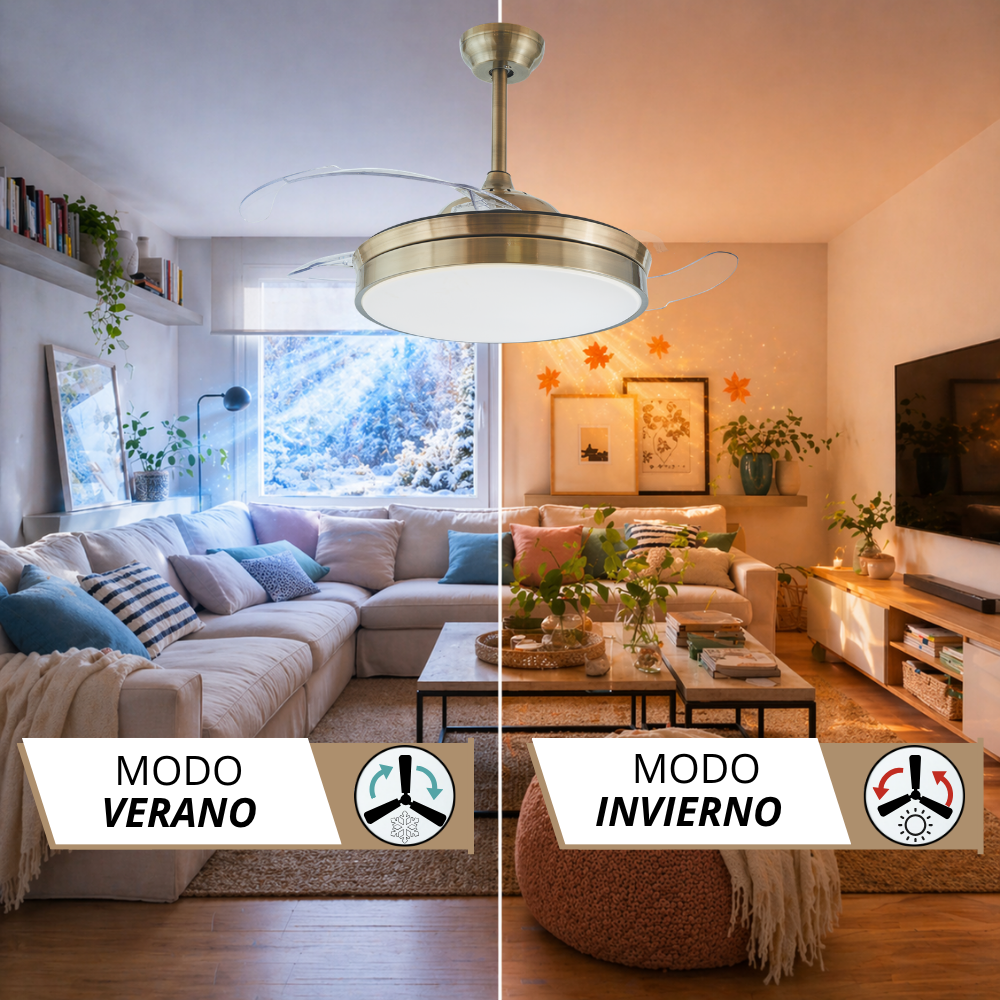 Sala dividida: izquierda modo verano, derecha modo invierno. Ventilador de techo encima.