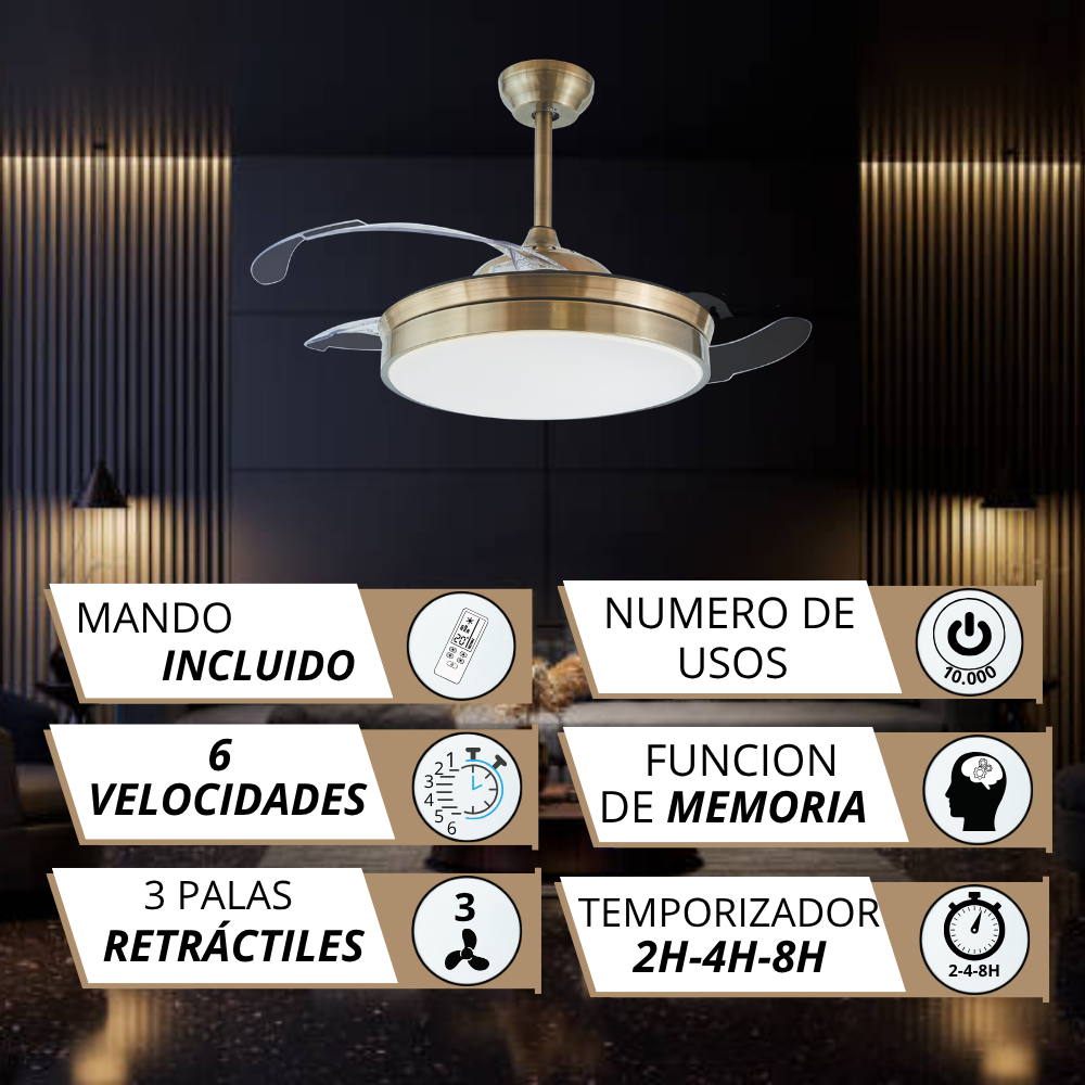 Ventilador de techo con luz, mando a distancia, 6 velocidades, 3 aspas retráctiles.