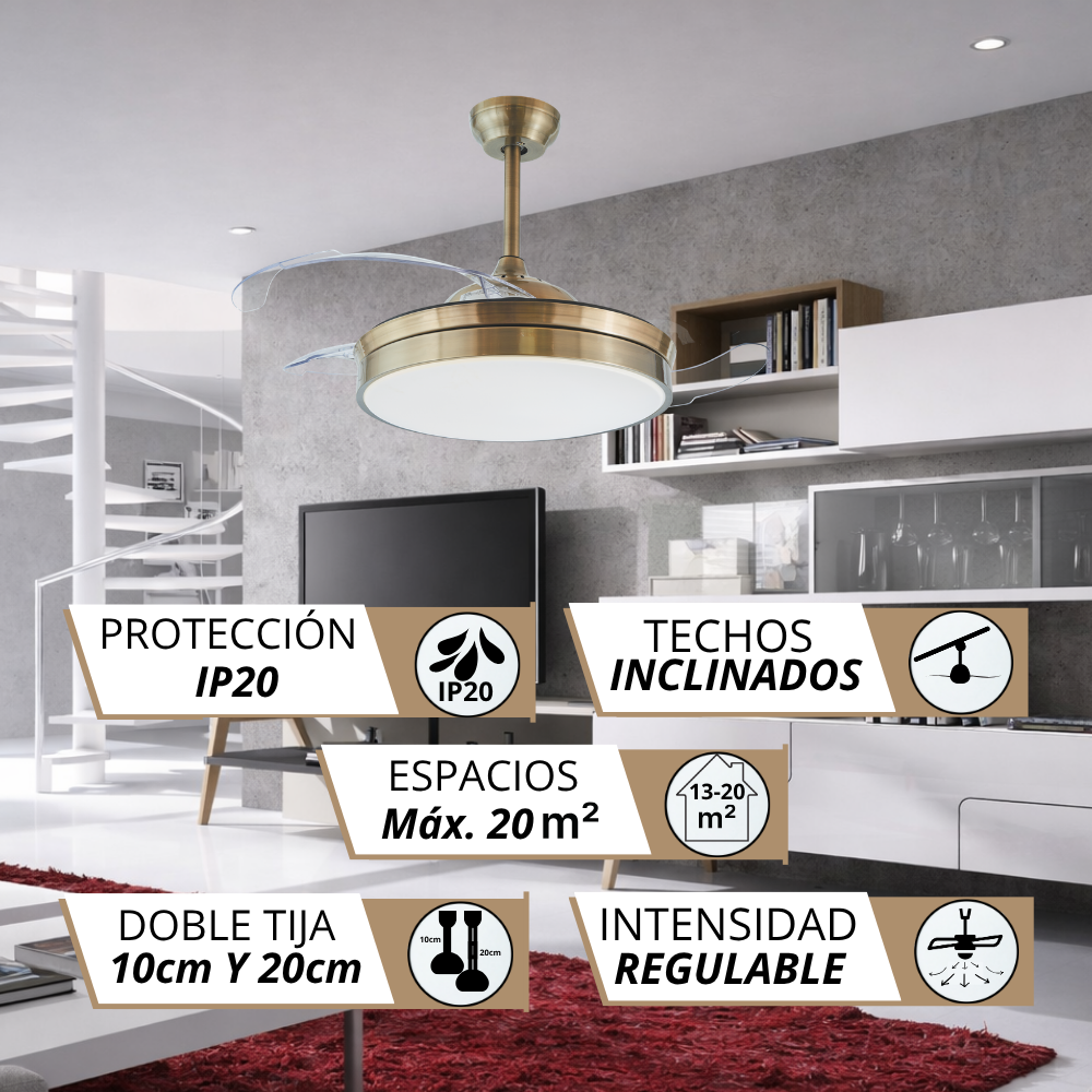 Ventilador de techo con luz en sala, protección IP20, para 13-20 m².