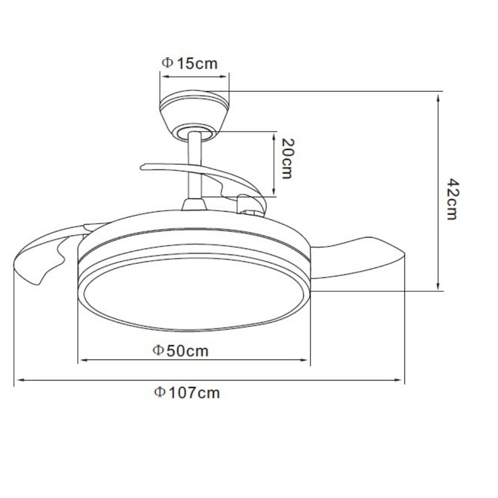 Dibujo técnico de un ventilador de techo con dimensiones: 15cm, 20cm, 42cm, 50cm, 107cm.