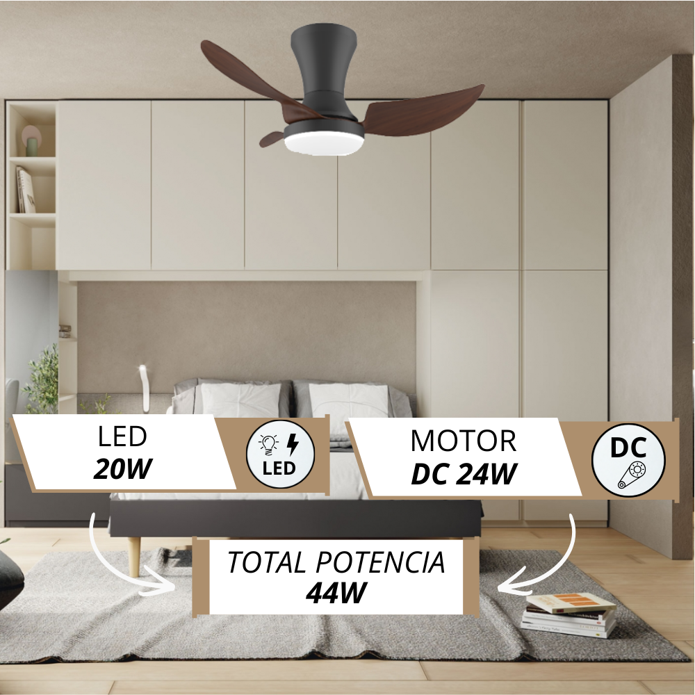 Ventilador de techo con aspas de madera y luz LED sobre una cama. Especificaciones en imagen.