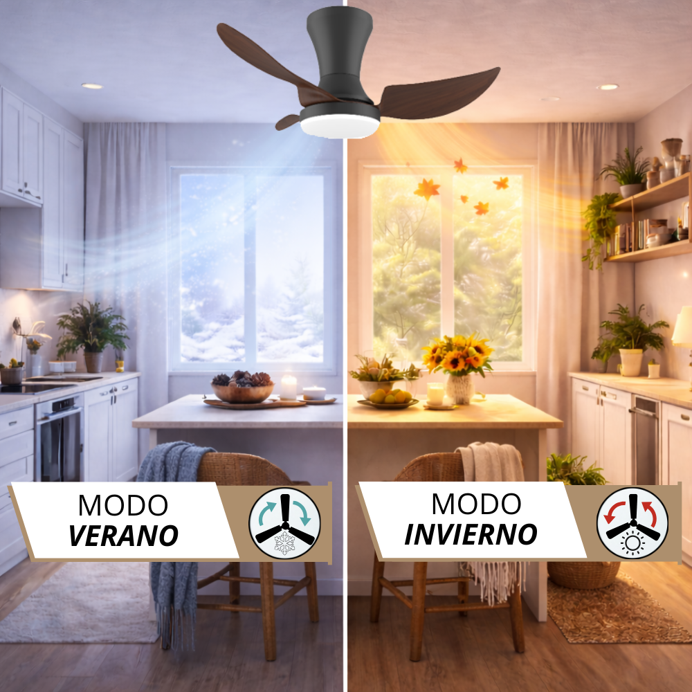 Ventilador de techo muestra modos verano e invierno en cocina.