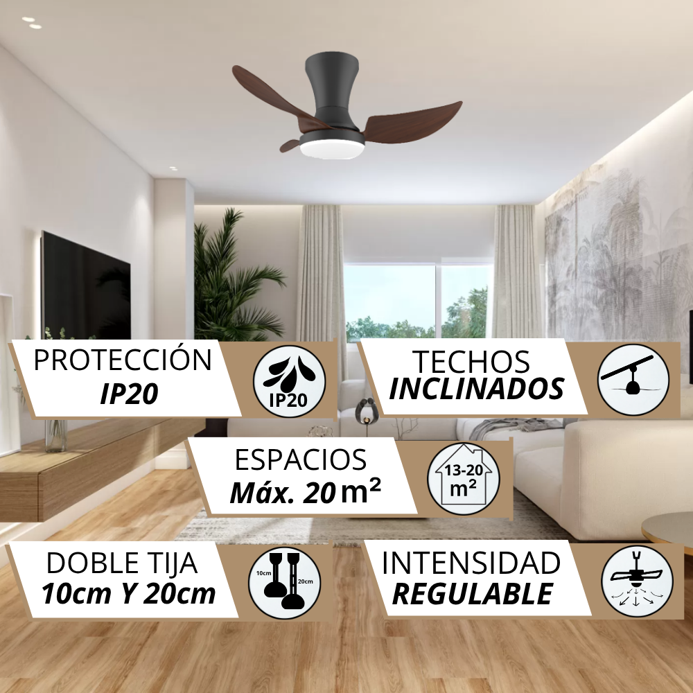 Ventilador de techo con aspas de madera oscura y luz, IP20, techos inclinados, 20m², varillas 10/20cm, velocidad regulable.