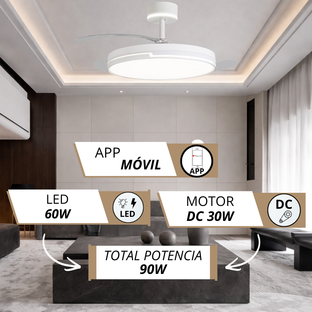 Ventilador de techo blanco moderno con luz LED integrada. Características: App, 60W LED, motor DC 30W, Total 90W.
