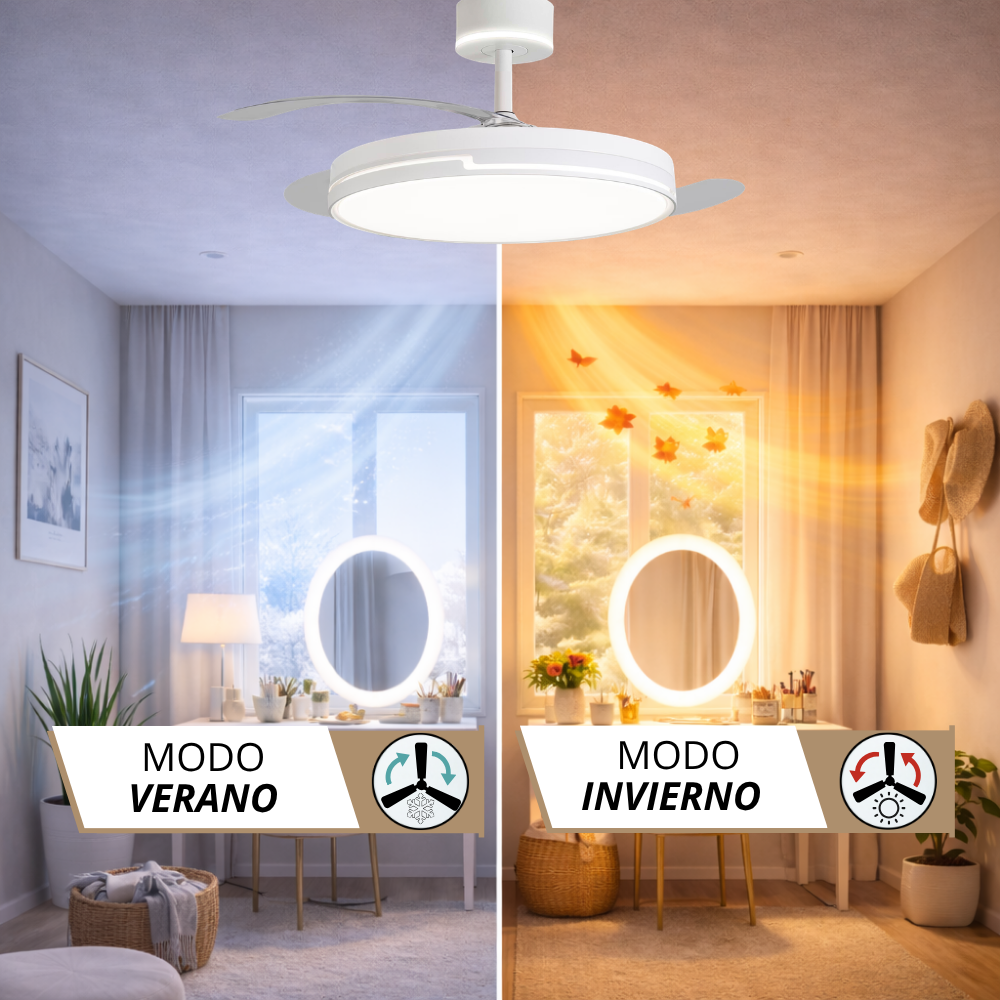 Ventilador de techo con luz, modo verano e invierno. Aire azul izquierda, hojas naranjas derecha.