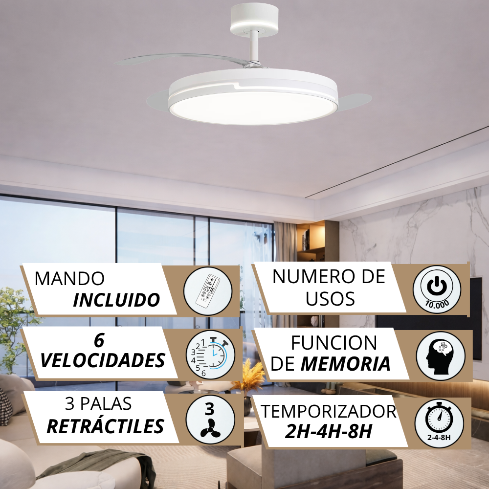 Lámpara ventilador de techo blanca con mando, 6 velocidades, 3 aspas retráctiles.