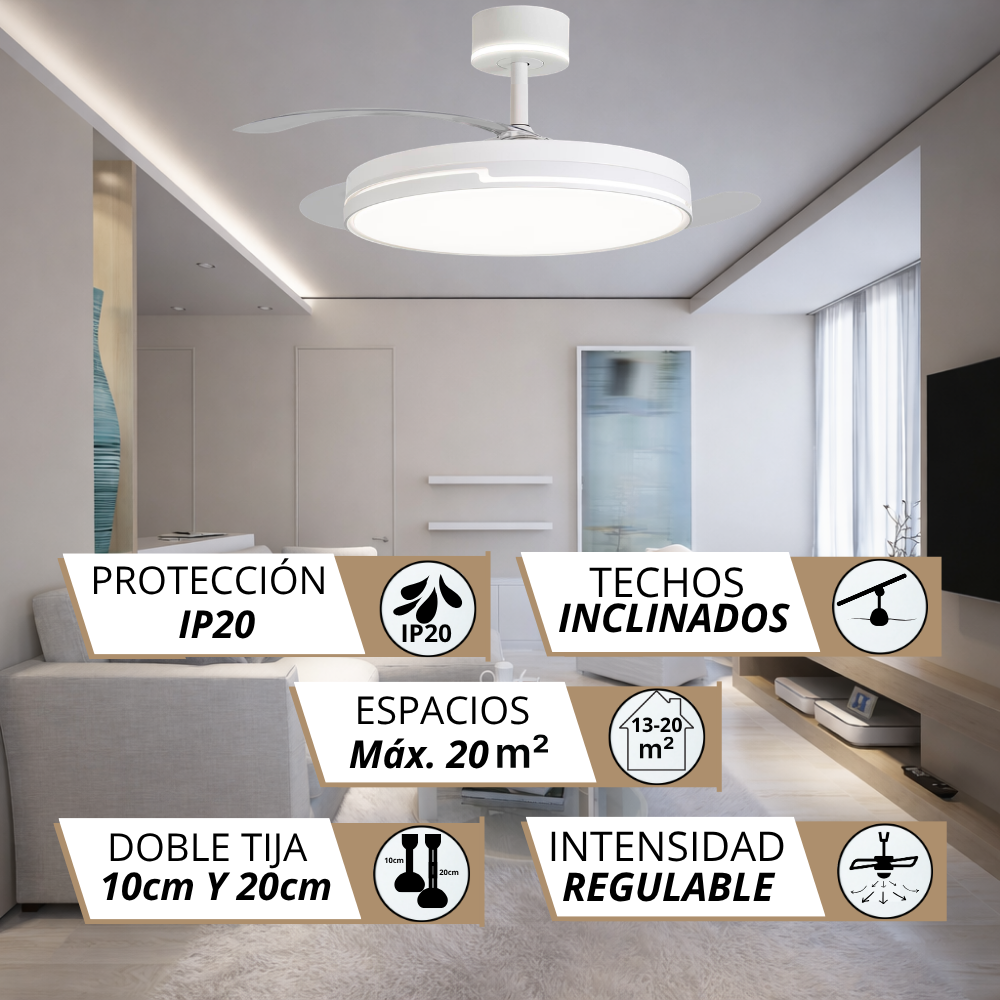 Moderno ventilador de techo blanco con luz en sala elegante, con textos.
