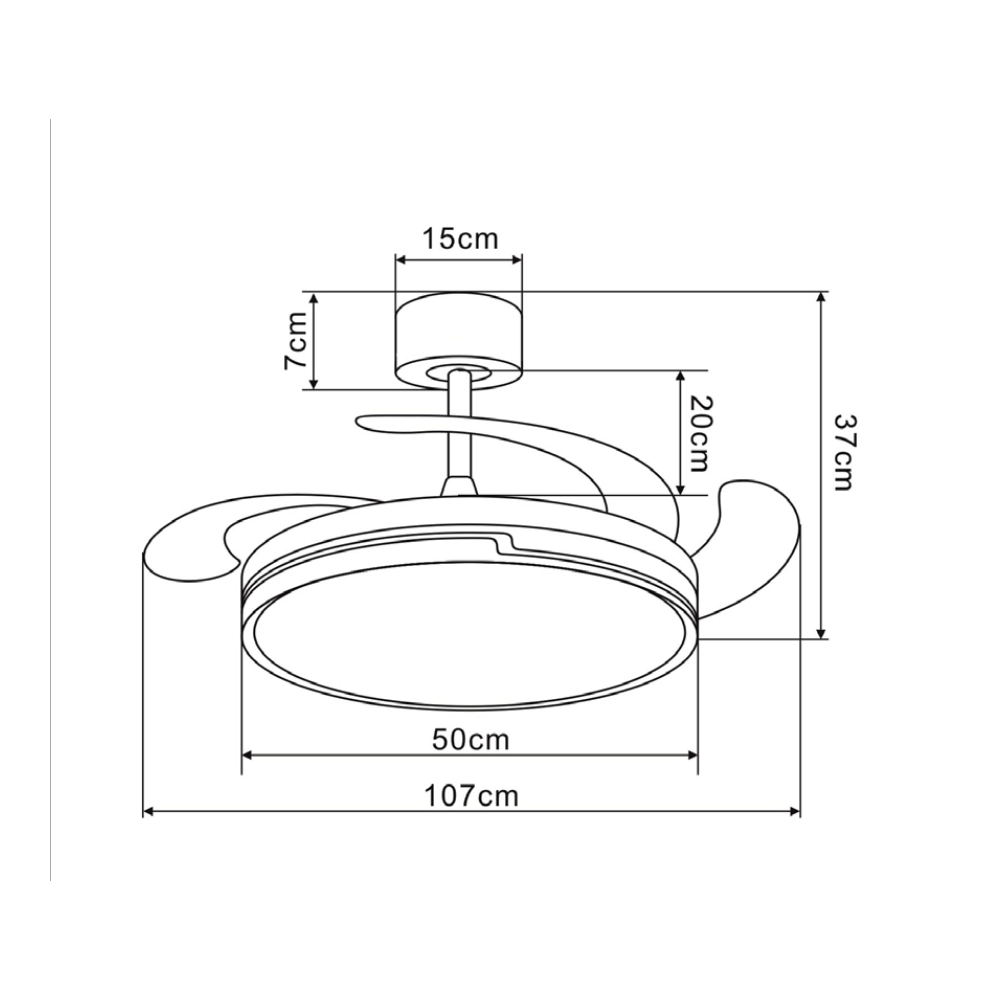 Dibujo técnico de un ventilador de techo con dimensiones: 15cm, 7cm, 20cm, 37cm, 50cm, 107cm.