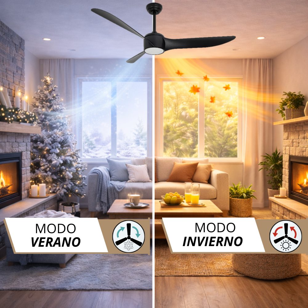 Ventilador de techo en dos modos: verano (frío) e invierno (cálido) en sala.