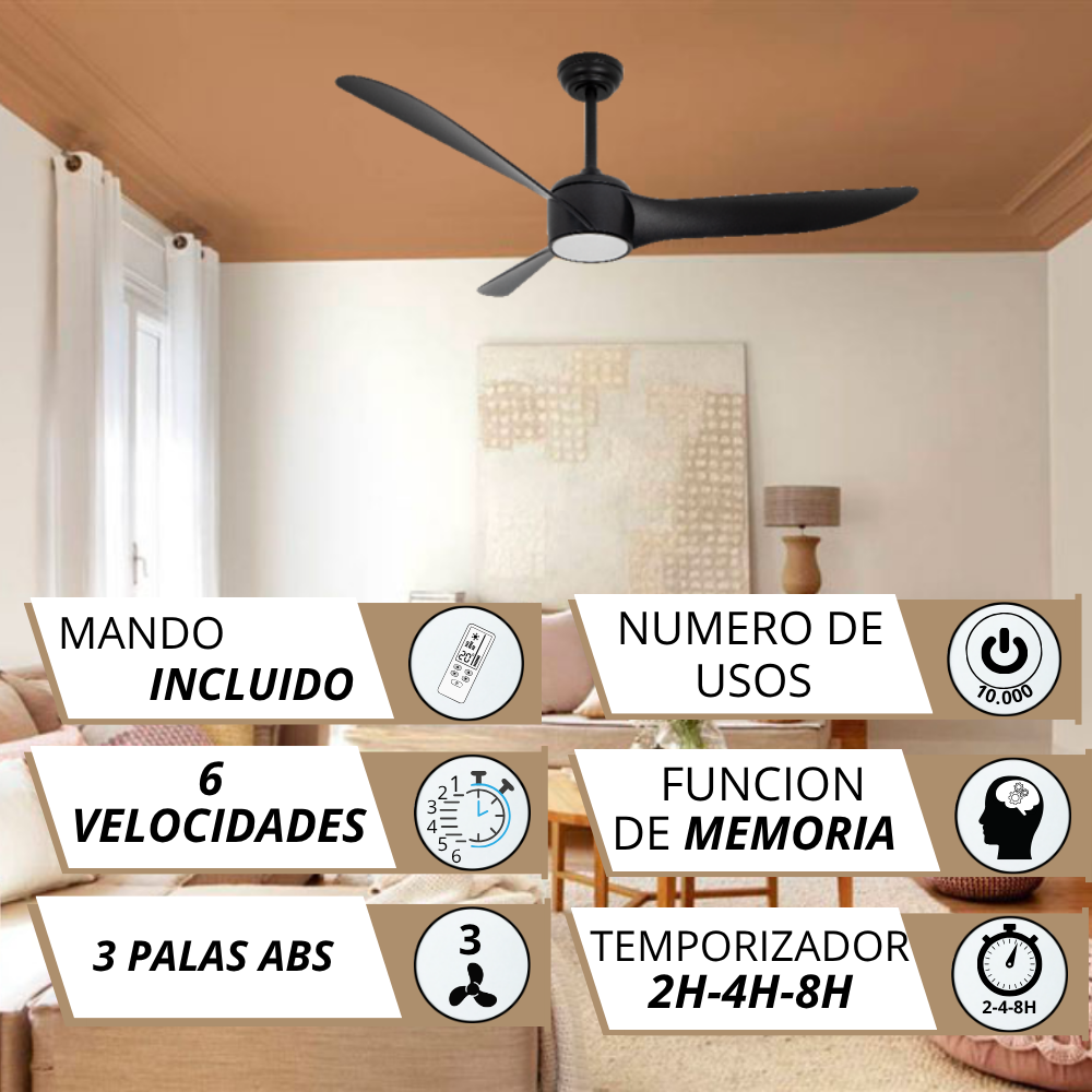 Ventilador de techo negro con mando, 6 velocidades, 3 palas ABS, temporizador.