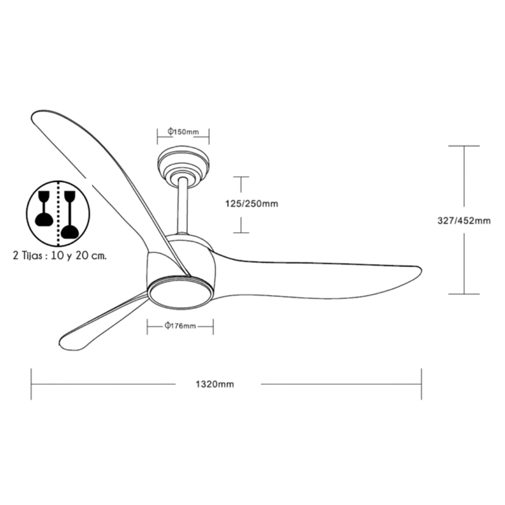 Diagrama de un ventilador de techo con dimensiones: 1320mm de envergadura, 176mm de diámetro motor.