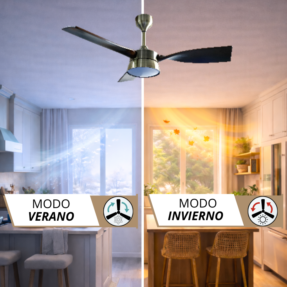 Ventilador de techo en modo verano e invierno en cocina.