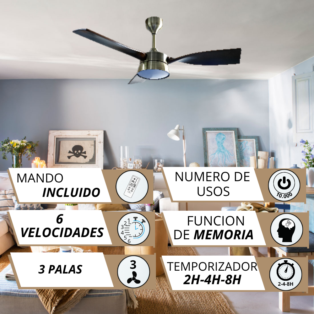 Ventilador de techo con mando, 6 velocidades, 3 palas, temporizador.