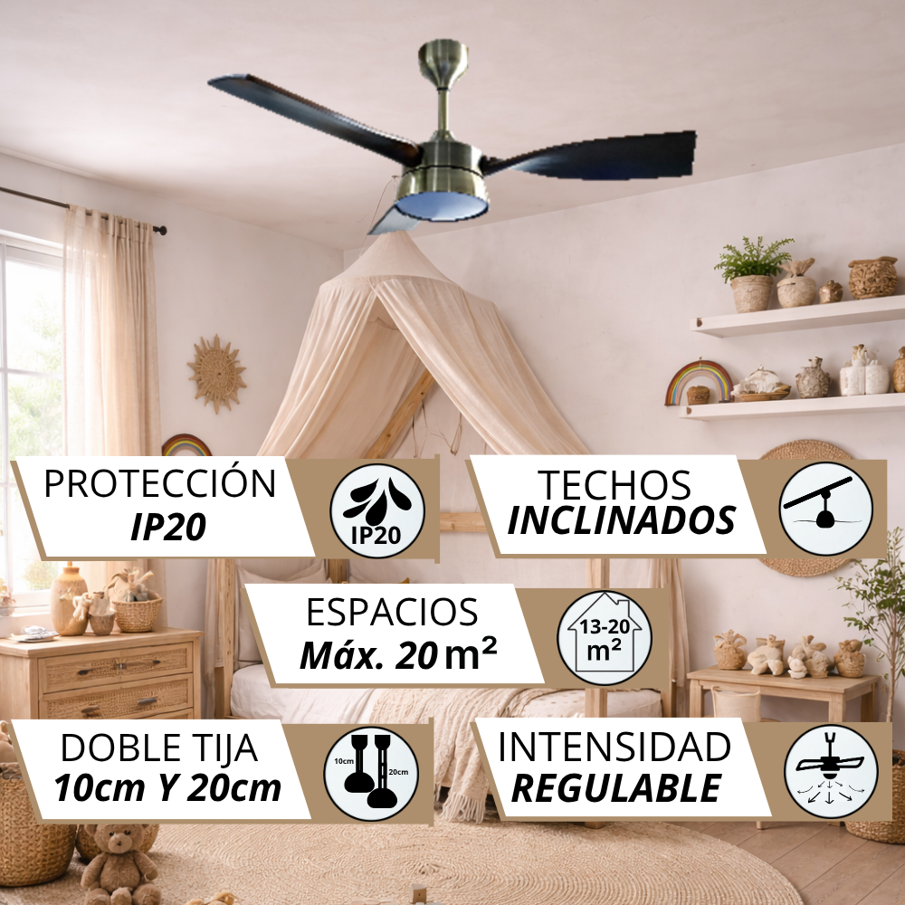 Ventilador de techo con protección IP20, para techos inclinados y hasta 20m².