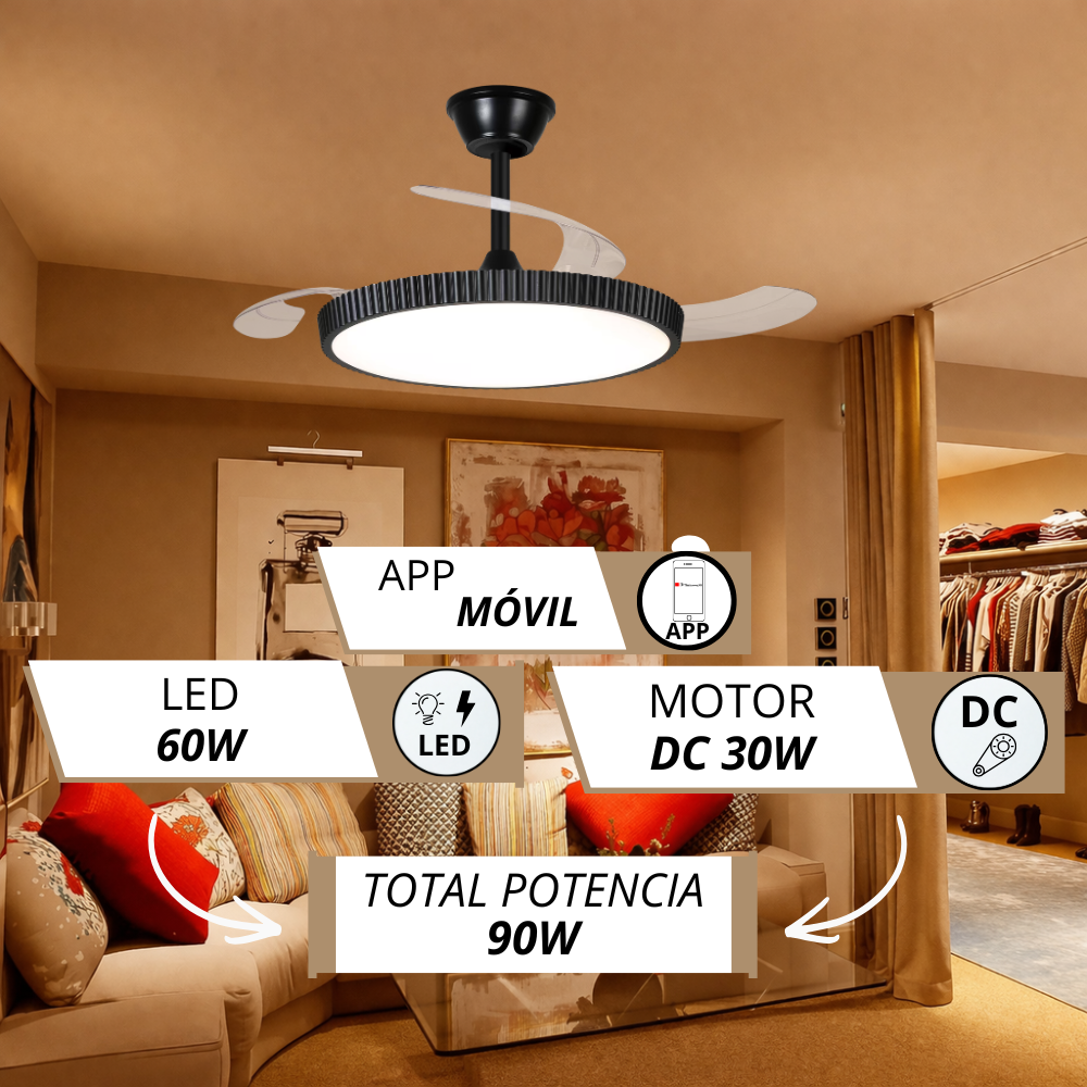 Ventilador de techo negro con luz LED sobre un sofá. Especificaciones visibles.