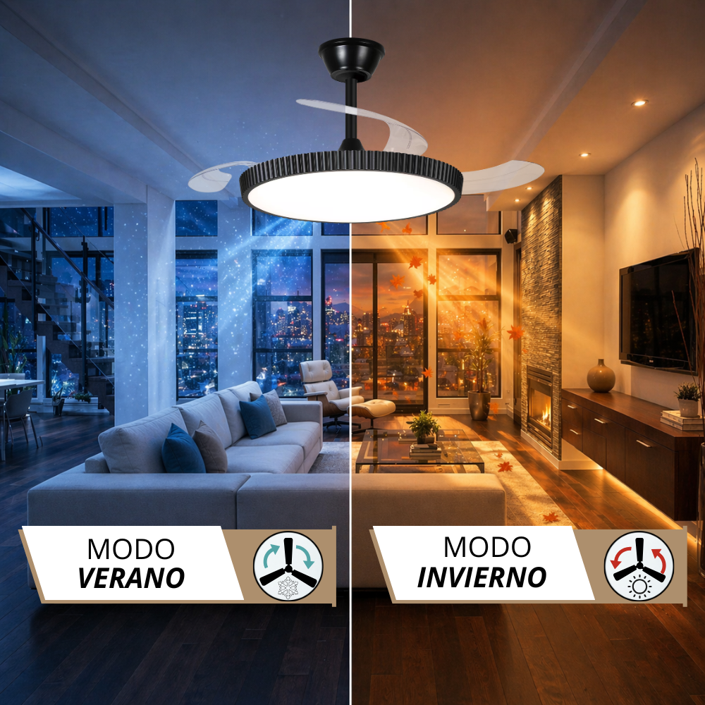 Ventilador de techo con luz en sala, modos verano e invierno.
