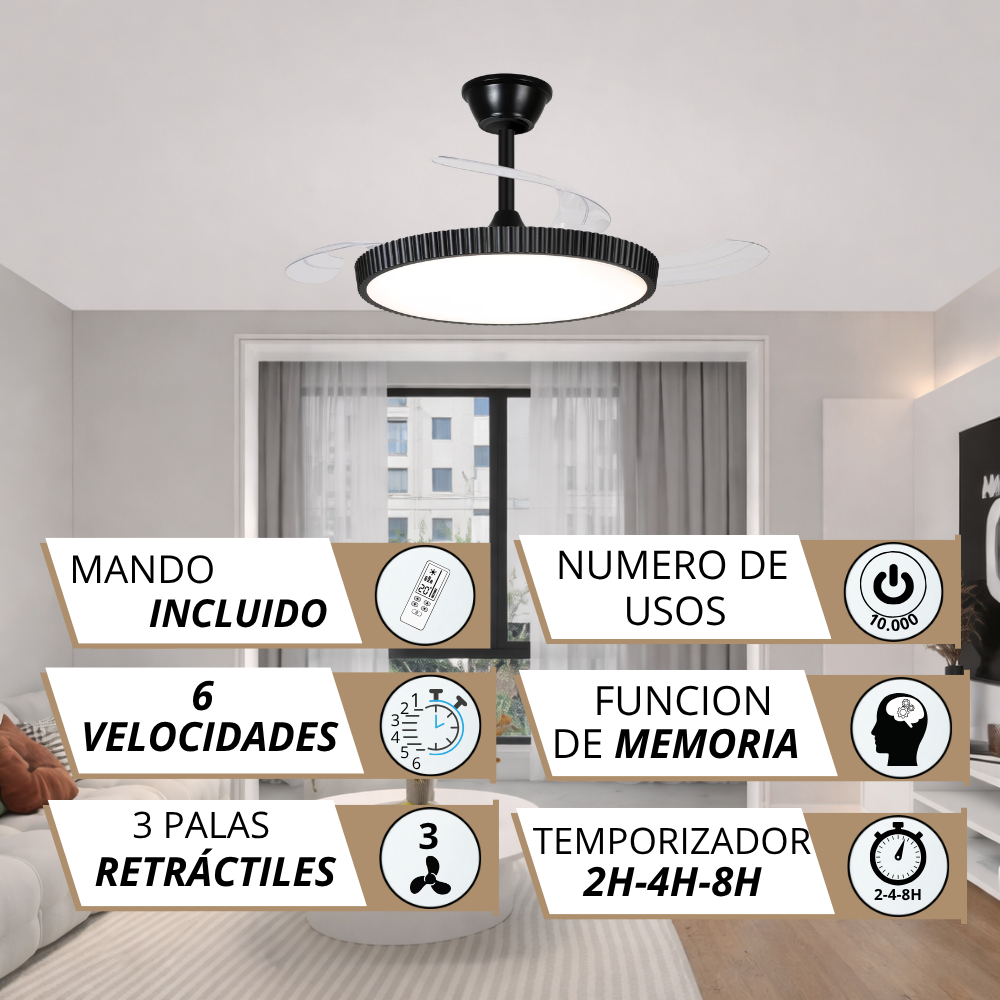 Ventilador de techo negro con luz, mando, 6 velocidades, 3 aspas retráctiles.