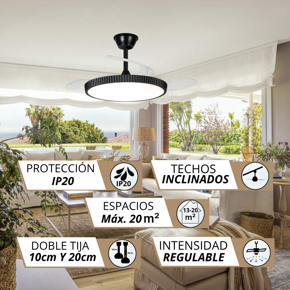 Ventilador de techo negro con luz, para estancias hasta 20m², IP20, techos inclinados.