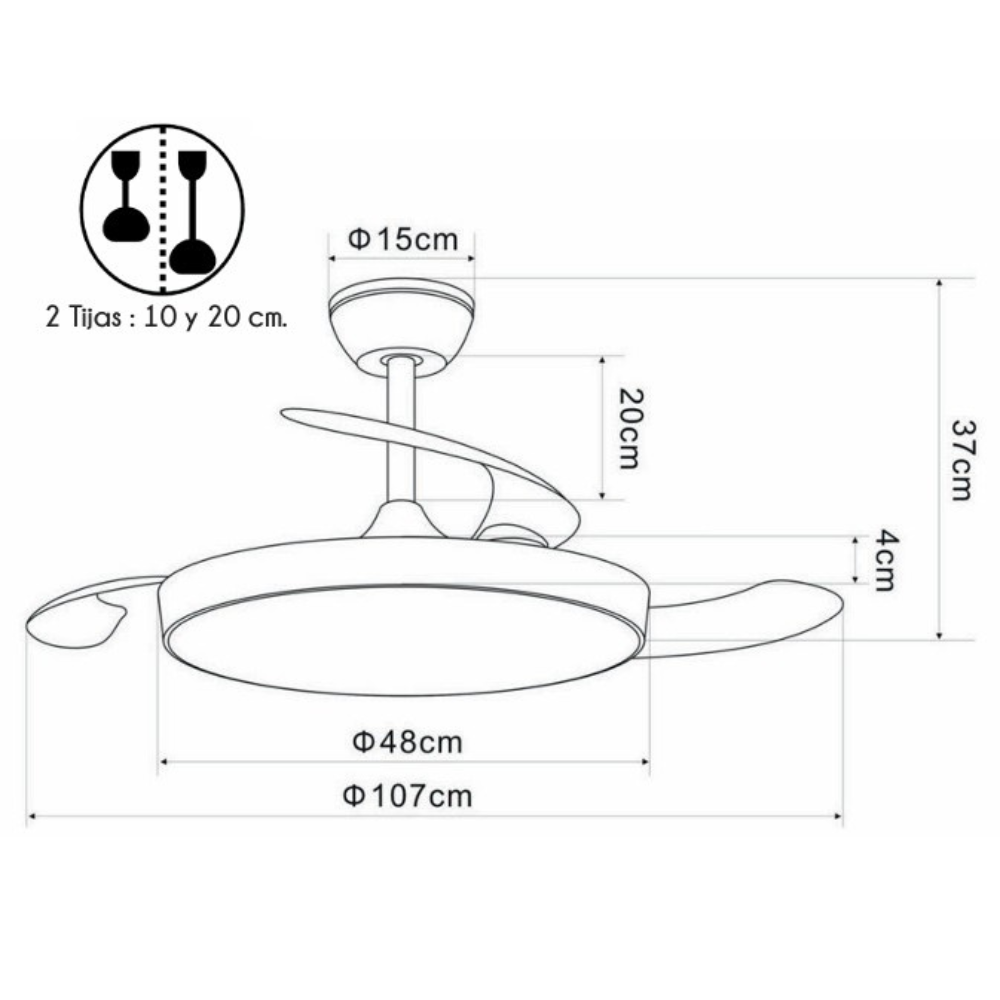 Diagrama de un ventilador de techo con dimensiones: 15cm, 20cm, 37cm, 4cm, 48cm, 107cm.